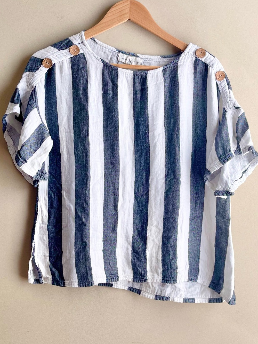 French Laundry Navy and White Striped Short Sleeve Button-Shoulder Tee